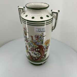 Håndmalet vintage fajancevase med fuglemotiv og hanke