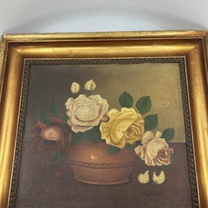 "Klassisk oliemaleri: Gule og hvide roser i vase – Signeret"